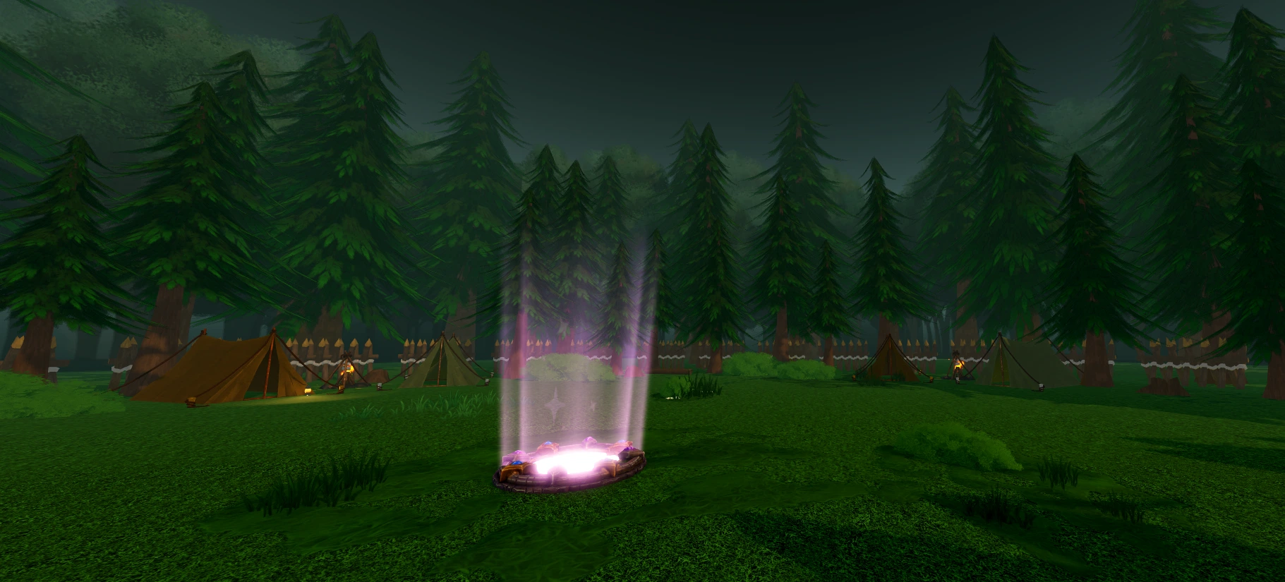 A glowing portal in a forest campsite, illustrating a possible event setting.