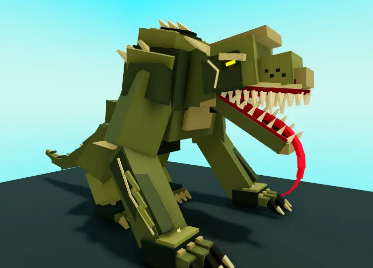Kornephoros, a green blocky dinosaur with large teeth and a long red tongue.