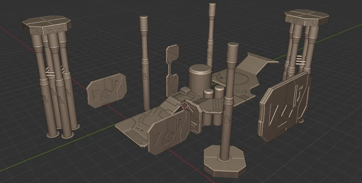 Modular sci-fi pillars, wall panels, and platforms in a 3D modeling viewport.