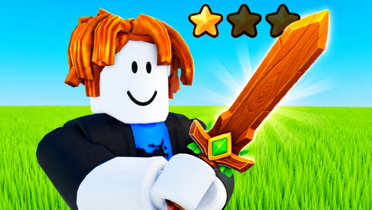 Official Blade Battle Tycoon artwork showing an orange-haired character holding a golden sword in a grassy field.