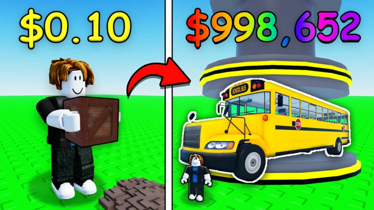 Official Crush Stuff for Money artwork showing a Roblox character and a crusher above a school bus.