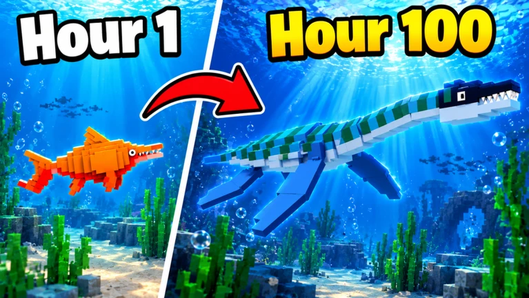 Official My Dino Life artwork showing a small orange creature and a large blue aquatic creature underwater.