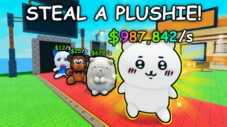 Official Steal a Plushie artwork showing a line of colorful plush characters.